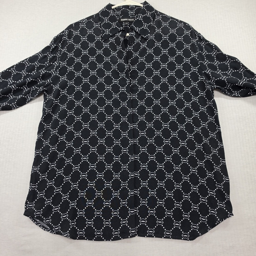 Markus Lupfer Black Lip Print Long Sleeve Top Size 6 Blouse Button Up Pop Art - Picture 5 of 12
